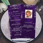 Birthday Menu purple silver glitter photo fun fact<br><div class="desc">Birthday party menu card.  Personalize and add a name,  age,  date and the menu. A purple background,  decorated with faux silver glitter dust.  The purple colour is uneven. White coloured letters.
Back: add a photo of the birthday girl,  fun facts and names.</div>