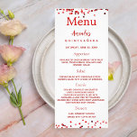 Birthday Menu red white photo fun facts<br><div class="desc">Birthday party menu card.  Personalize and add a name,  age,  date and the menu. A white background. Decorated with red confetti,  red text. 
Back: add a photo of the birthday girl,  fun facts and names.</div>