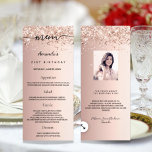 Birthday Menu rose gold glitter photo fun facts<br><div class="desc">Birthday party menu card.  Personalize and add a name,  age,  date and the menu. Rose gold faux metallic looking background,  decorated with faux glitter.  Black coloured letters.
Back: add a photo of the birthday girl,  fun facts and names.</div>