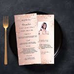 Birthday Menu rose gold glitter photo fun facts<br><div class="desc">Birthday party menu card.  Personalize and add a name,  age,  date and the menu. Rose gold faux metallic looking background,  decorated with faux glitter dust.  Black coloured letters.
Back: add a photo of the birthday girl,  fun facts and names.</div>