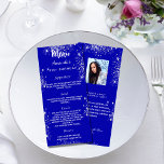 Birthday Menu royal blue silver photo fun facts<br><div class="desc">Birthday party menu card.  Personalize and add a name,  age,  date and the menu. A royal blue background,  decorated with faux silver glitter. White coloured letters.
Back: add a photo of the birthday girl,  fun facts and names. Remove the names if not necessary.</div>