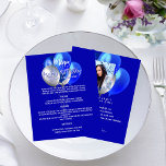 Birthday menu royal blue white balloons fun facts<br><div class="desc">A royal blue background. White text.  Decorated with blue and silver balloons.
Front: Personalize and add your name,  date and the menu. 
Back: add your own photo and fun facts about the birthday gir.  Remove the names if not necessary.

1 sheet = 1 menu printed edge to edge.</div>