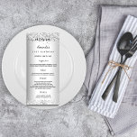 Birthday Menu silver confetti elegant<br><div class="desc">Birthday party menu card.  Personalize and add a name,  age,  date and the menu. Faux silver looking background,  decorted with confetti.  Black coloured letters.</div>