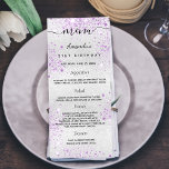 Birthday Menu silver purple metal monogram<br><div class="desc">Birthday party menu card.  Personalize and add a name,  age,  date and the menu. Silver faux metallic looking background,  decorted with purple faux glitter dust.  Black coloured letters.</div>