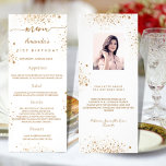 Birthday Menu white gold glitter photo fun facts<br><div class="desc">Birthday party menu card.  Personalize and add a name,  age,  date and the menu. A chic white background,  decorated with faux gold glitter dust.  Golden coloured letters.
Back: add a photo of the birthday girl,  fun facts and names.</div>