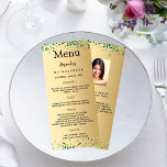 Birthday Meny gold green photo fun facts Rack Card<br><div class="desc">Birthday party menu card.  Personalize and add a name,  age,  date and the menu. A faux gold looking background. Decorated with green confetti,  black text. 
Back: add a photo of the birthday girl,  fun facts and names.</div>