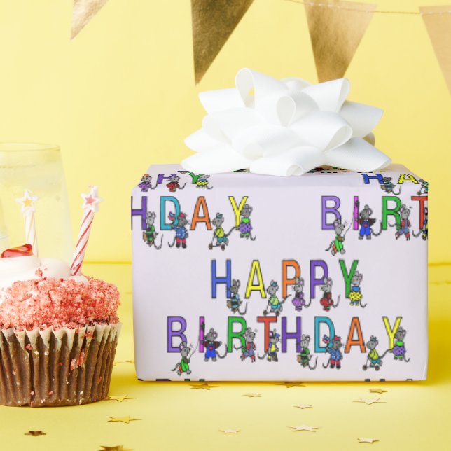 Birthday Mice on Purple Wrapping Paper (Birthday Party)