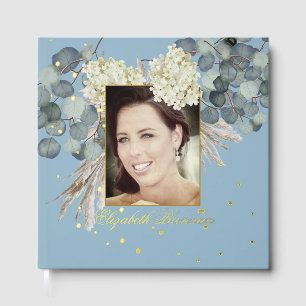 Birthday Milestone Photo Floral Blue Elegant  Guest Book