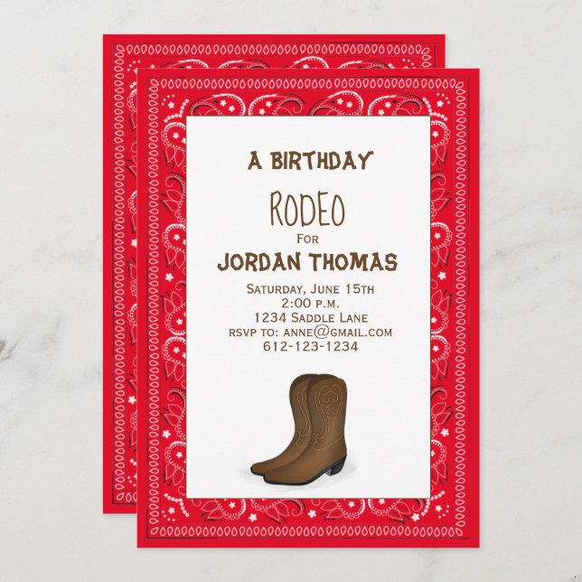 Birthday Modern Cute Red Bandana Cowboy Boots Invitation (Front/Back)