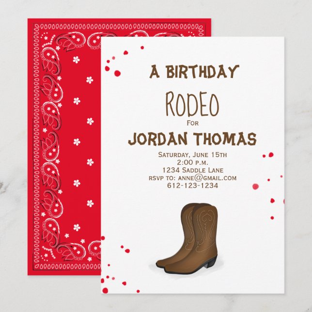 Birthday Modern Cute Red Bandana Cowboy Boots Invitation (Front/Back)