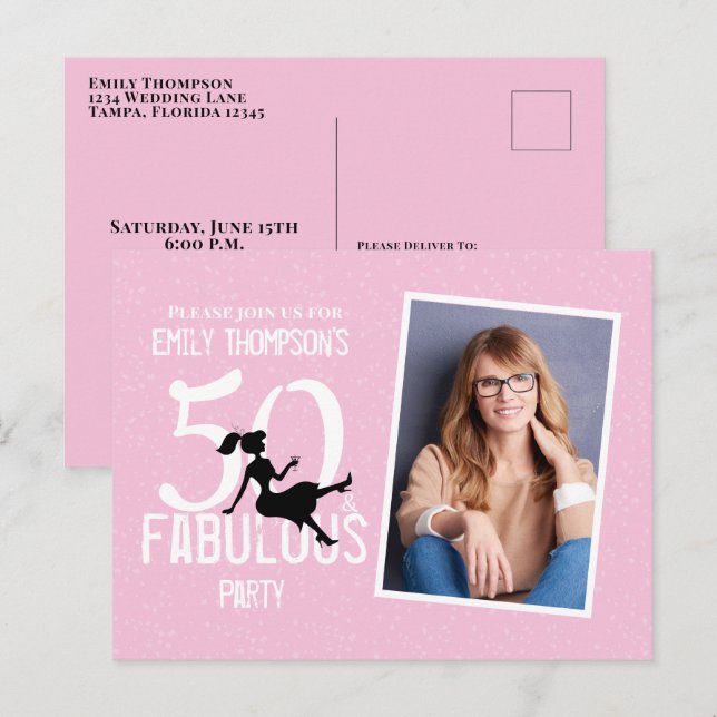 Birthday Modern Fifty and Fabulous Photo Cocktails Postcard (Front/Back)