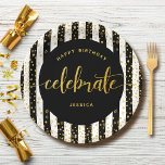 Birthday modern gold type glitter dots black white paper plate<br><div class="desc">“Happy birthday”. Here’s an unique addition to your birthday fête! “Celebrate” with this stunning, modern, sparkly gold glitter dots and typography script against a black and white striped background, paper plate for an event to remember. Personalize the custom text with your guest of honour’s name. Your choice of 2 sizes:...</div>