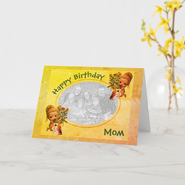 Birthday Mom Puppies Personalized Photo Card (Yellow Flower)