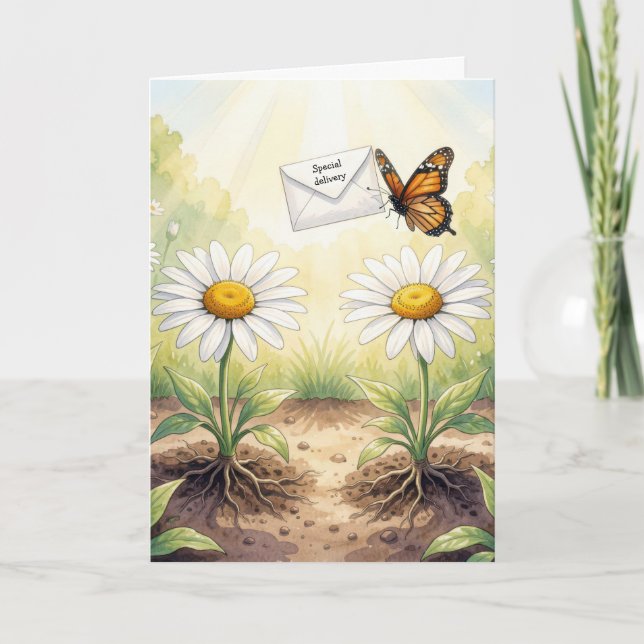Birthday Monarch Butterfly Delivering Mail Card (Front)