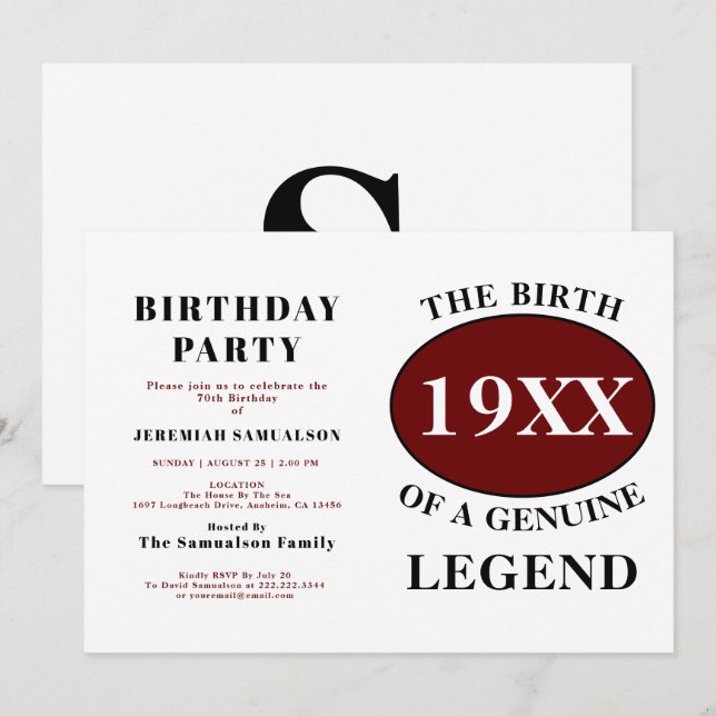 Birthday Monogram Initial Name Year Humour Red  Invitation (Front/Back)