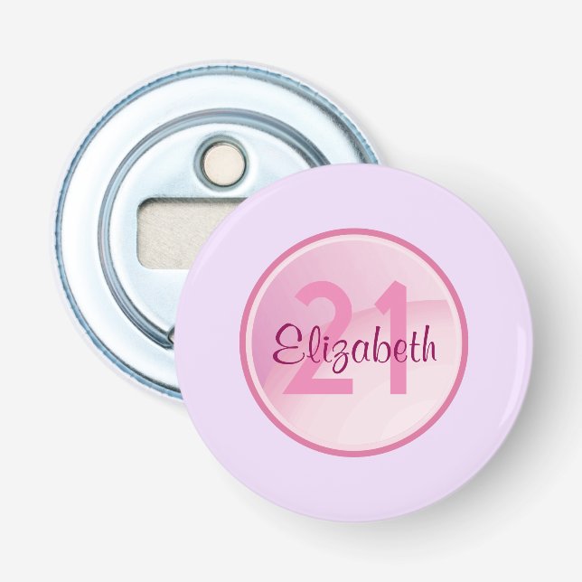 Birthday Monogram - Name and Age on a Pink Circle Bottle Opener (Front)