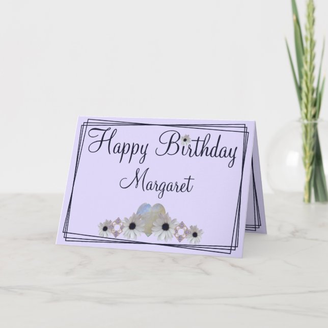 Birthday Moonstone Daisies Fractal Border Purple Card (Front)