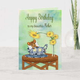 Birthday - Mother - Mouse in Tea Cup Resting Card