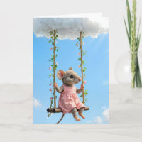 Birthday Mouse In a Pink Dress On a Swing