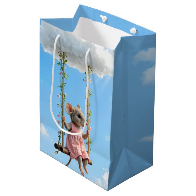 Birthday Mouse In a Pink Dress On a Swing Medium Gift Bag (Front Angled)