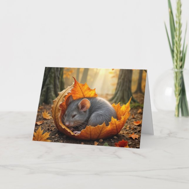 Birthday Mouse Napping In an Autumn Leaf Card (Front)