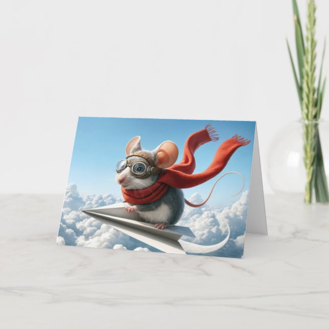 Birthday Mouse Piloting a Paper Airplane Card (Front)