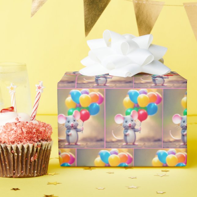 Birthday Mouse With Balloons Wrapping Paper (Birthday Party)