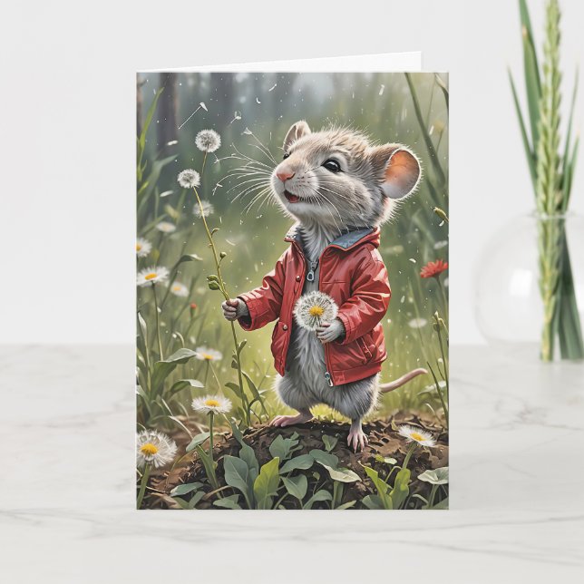 Birthday Mouse With Dandelion Card (Front)