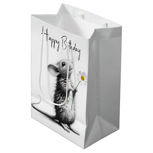 Birthday Mouse With White Daisy Medium Gift Bag (Front Angled)
