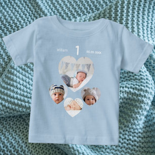 Birthday name age photo collage baby boy blue T-Shirt