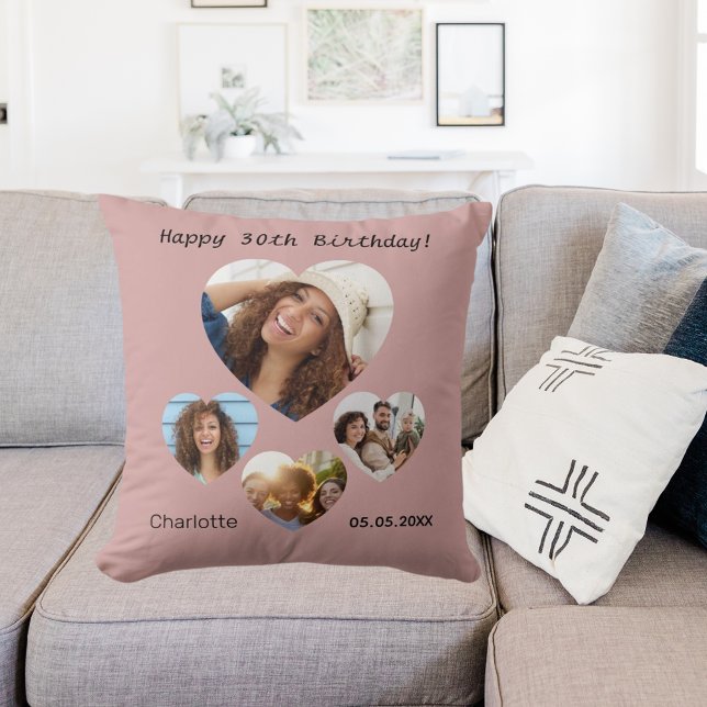 Birthday name age photo heart collage dusty rose throw pillow (Creator Uploaded)