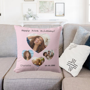Birthday name age photo heart collage pink throw pillow