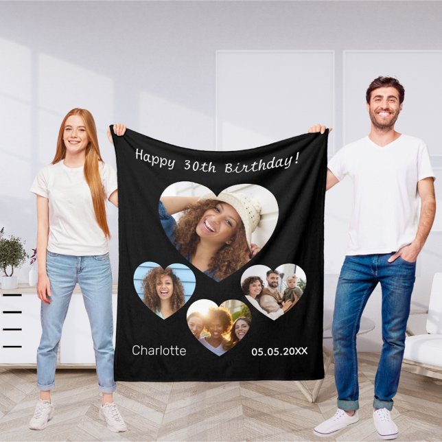 Birthday name age photo heart collage woman black fleece blanket (Creator Uploaded)