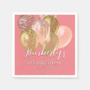 Birthday Name Gold Glitter Balloons Age Date Coral Napkin