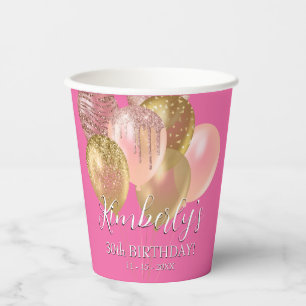 Birthday Name Gold Glitter Balloons Age Date, Pink Paper Cups