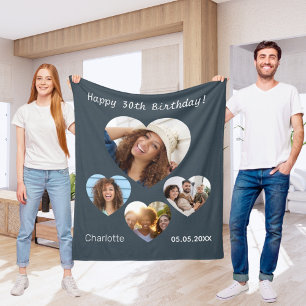 Birthday name photo heart collage charcoal grey fleece blanket
