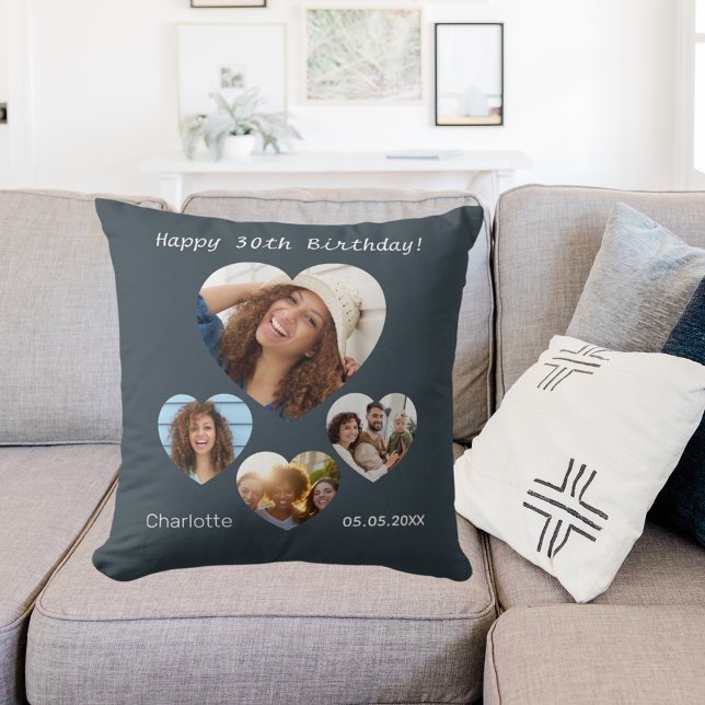 Birthday name photo heart collage charcoal grey throw pillow (Creator Uploaded)