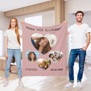 Birthday name photo heart collage dusty rose fleece blanket