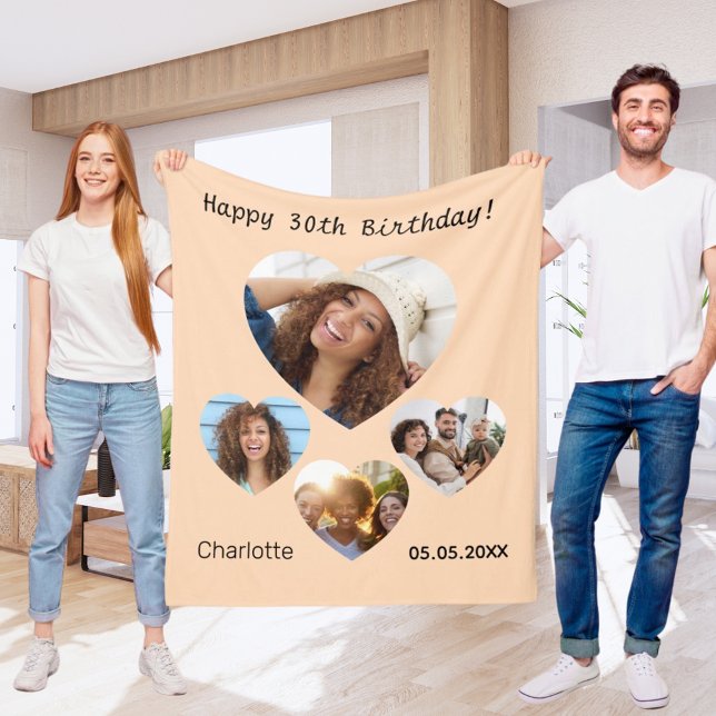 Birthday name photo heart collage peach fleece blanket (Creator Uploaded)