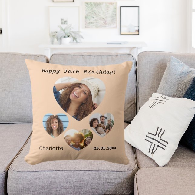 Birthday name photo heart collage peach throw pillow (Creator Uploaded)