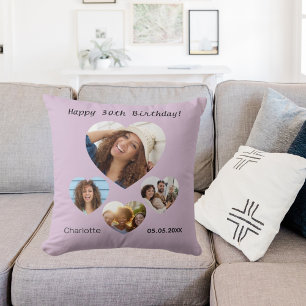 Birthday name photo heart collage taupe throw pillow