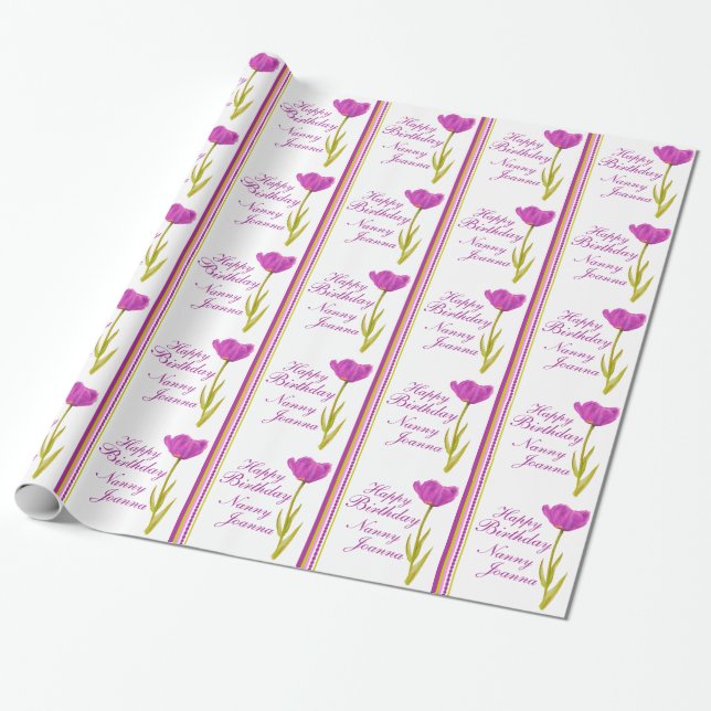 Birthday named tulip watercolor fine art & stripe wrapping paper (Unrolled)