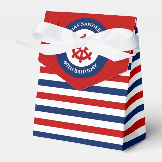 Birthday Nautical Marine Red Rudder White Stripes Favor Box (Front Side)