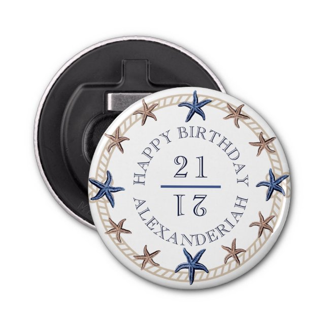 Birthday Nautical Navy Blue White Tan Starfish  Ro Bottle Opener (Front)