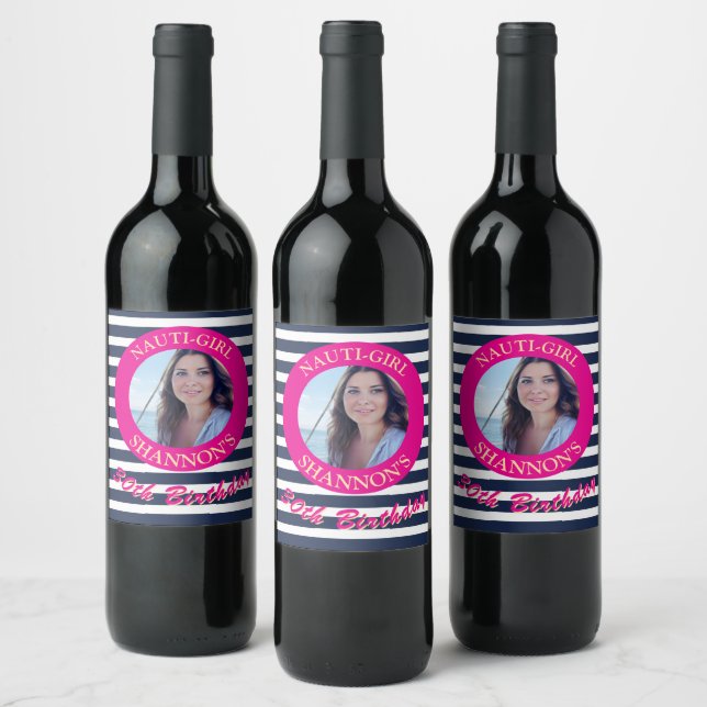 Birthday Nautical Photo Napkins Pink Wine Label (Bottles)