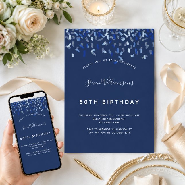 Birthday navy blue confetti men guy invitation (Creator Uploaded)