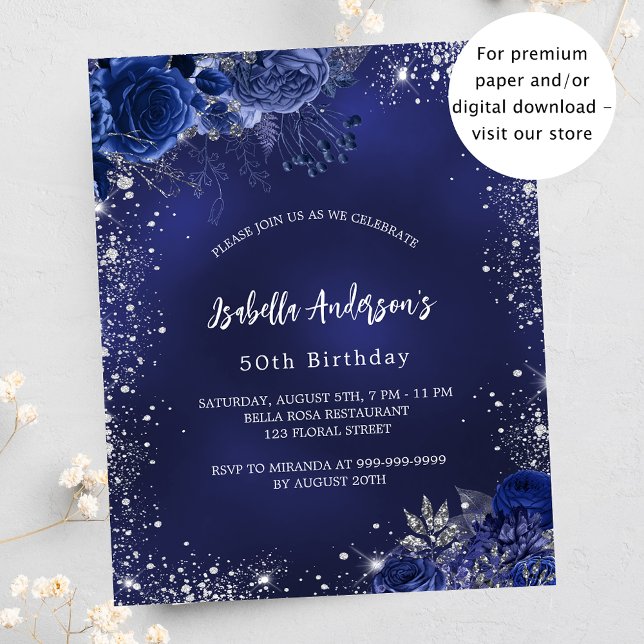 Birthday navy blue floral silver budget invitation (Creator Uploaded)