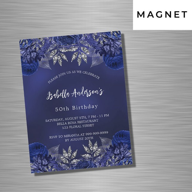 Birthday navy blue flowers elegant luxury magnetic invitation (Creator Uploaded)