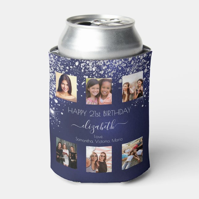 Birthday navy blue friends photo can cooler (Can Front)