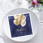 Birthday navy blue glitter gold balloons napkin<br><div class="desc">A navy blue background with elegant faux sparkles and golden balloons. The blue colour is uneven.  Personalize and add a name and age.  White letters.</div>